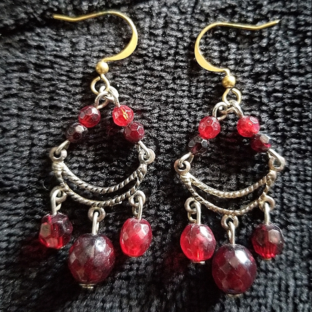 Brass Sterling Silver Red Crystal Bead Earrings